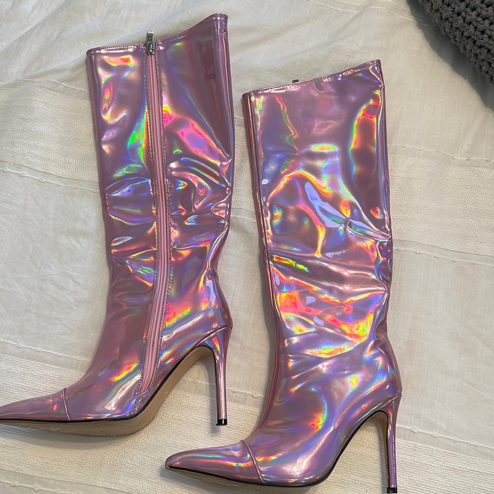 Pink Metallic Knee High Stiletto Boots